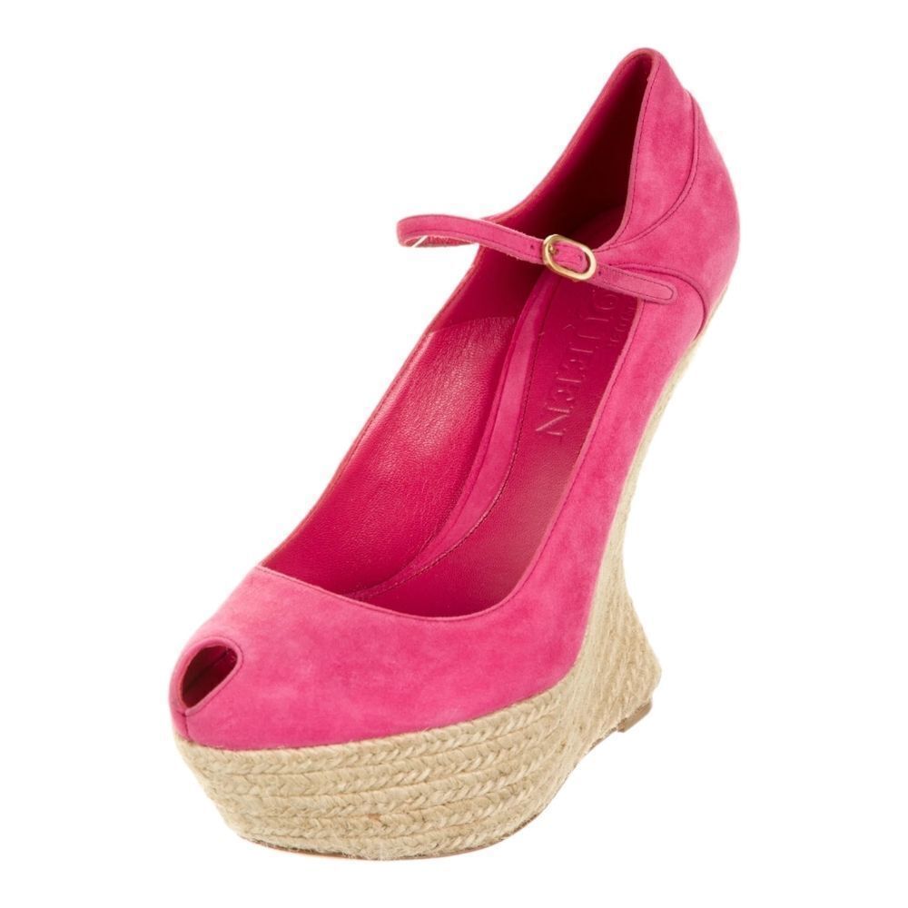 ALEXANDER MCQUEEN Suede Peeptoe Platform Ankle Wrap Jute Curved Heel Platforms